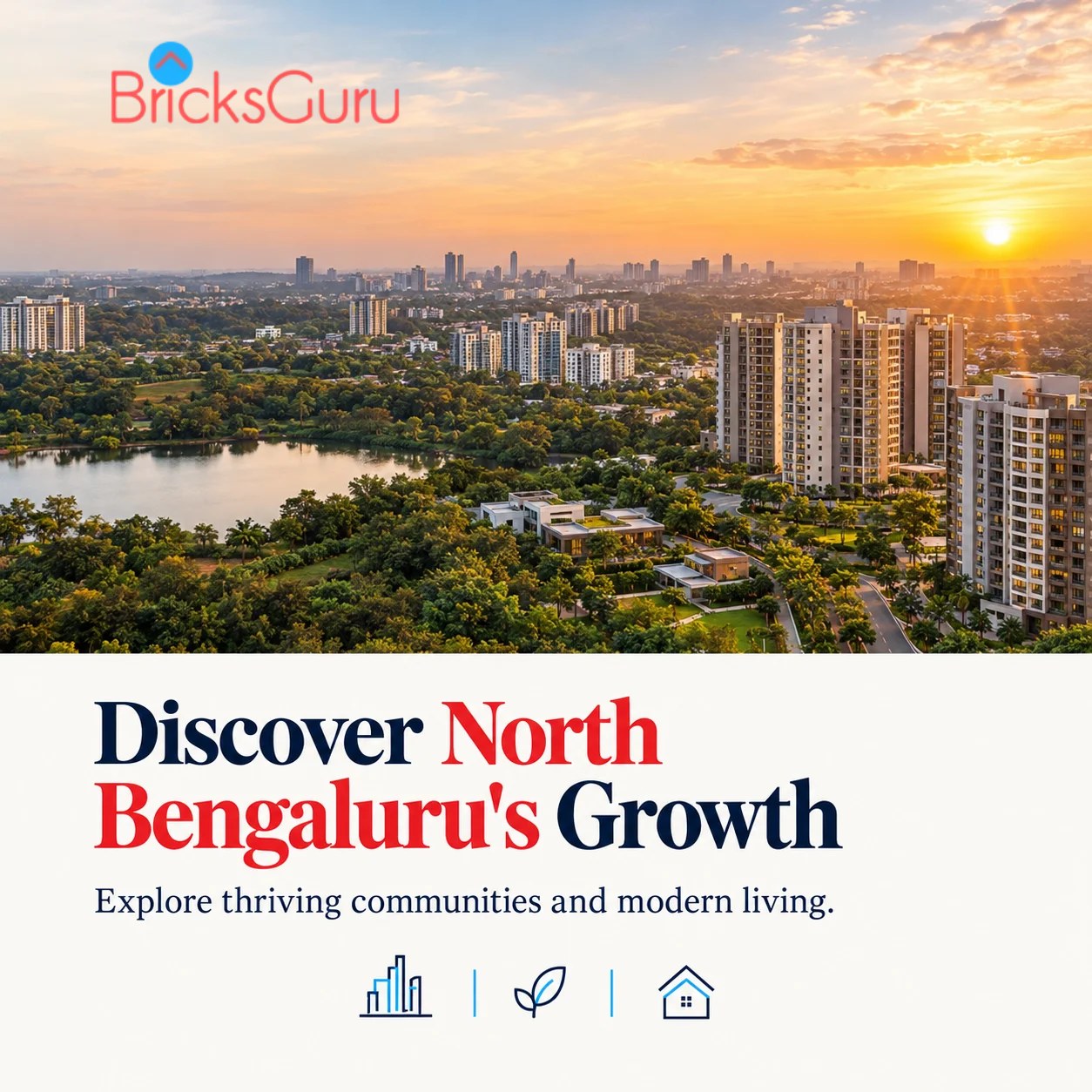 Aerial view of North Bengaluru at golden hour — green landscapes, a lake and modern residential towers